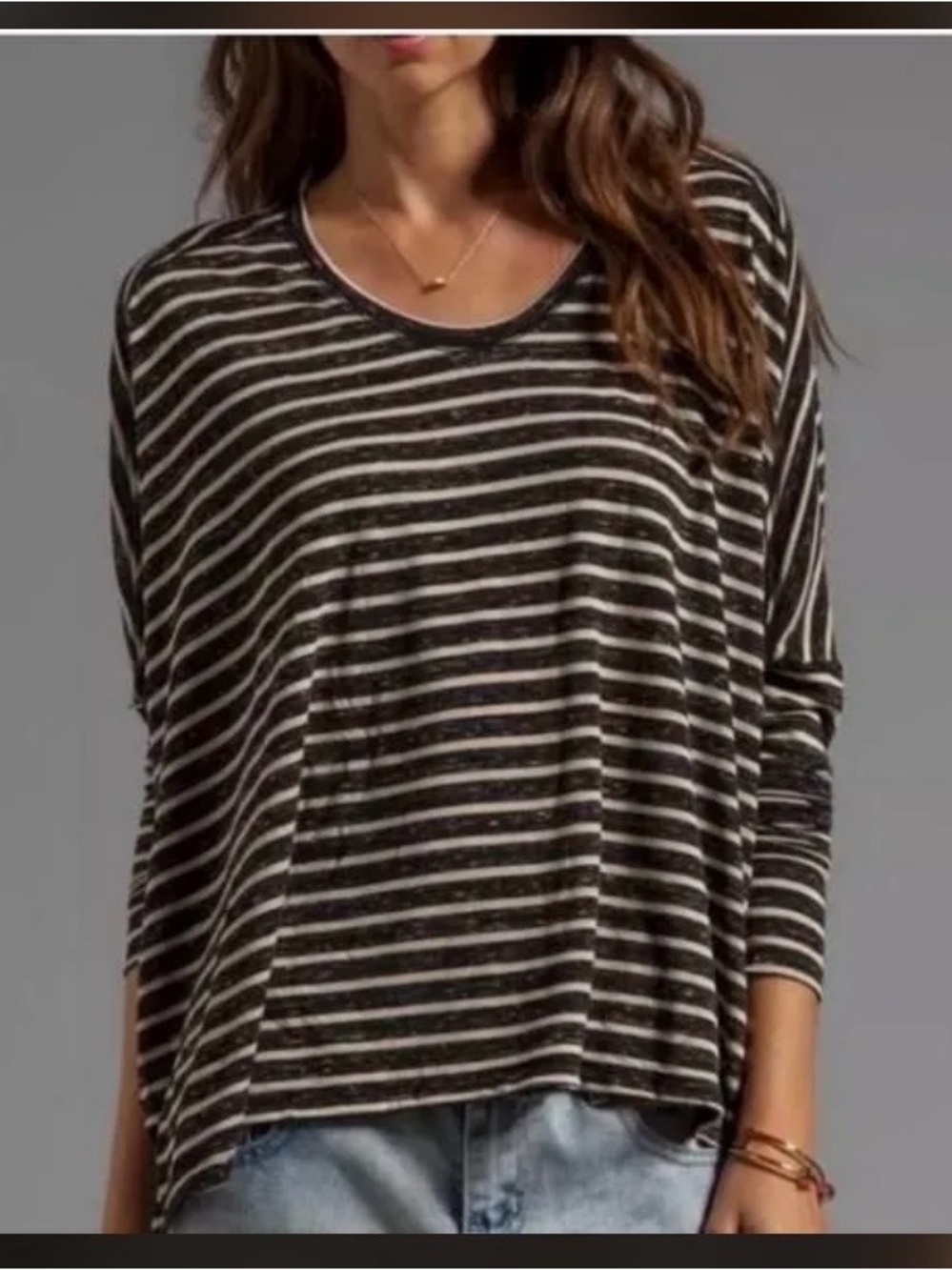 Free People We The Free Pandora's Boxy Striped Tee Oversized Top P/S Black Tan